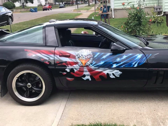 eagle and flag mural on corvette